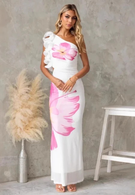 Summer Fashion New Women's Elegant and Dress with One Shoulder Print, Tailored Style, Vacation Outbacked Long Dress