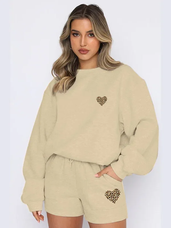Moopsi 65 Leopard Heart Print Lounge Set Women Drawstring Shorts Outfit