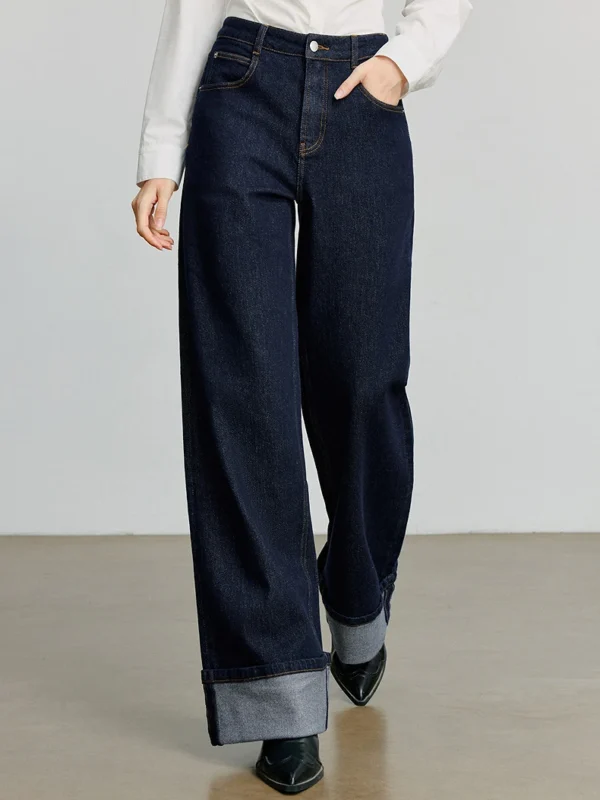 TOYOUTH Women Denim Jeans Autumn New Lycra Rolling Hem Straight Wide Leg Long Pants