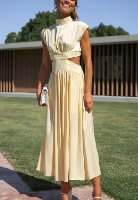 Summer Fashion Street Style New Elegant Women's Dress Solid Color Round Neck Sleeveless Waist Exposed Party Dress