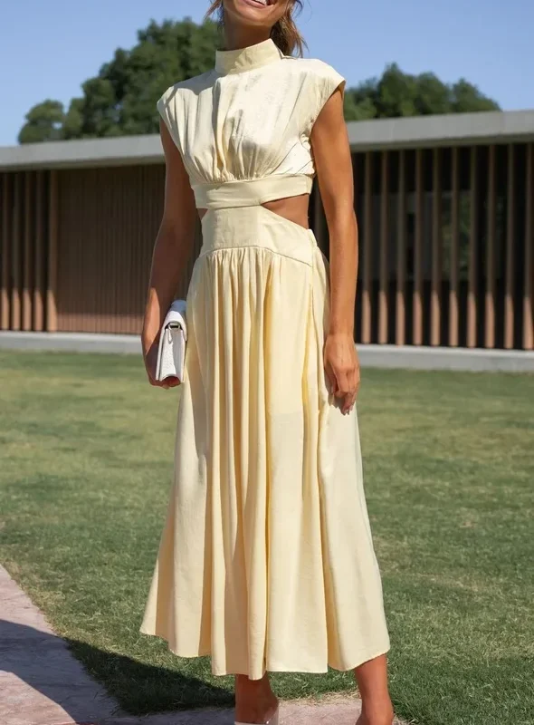 Moopsi 35 Summer Fashion Street Style New Elegant Women's Dress Solid Color Round Neck Sleeveless Waist Exposed Party Dress