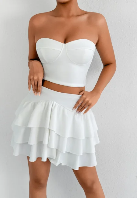 Fairyshely 2 Piece Solid Mini Dress Set Bandeau Top Summer Skirts Suits Bodycon Women Party Tight Short Dress Suit