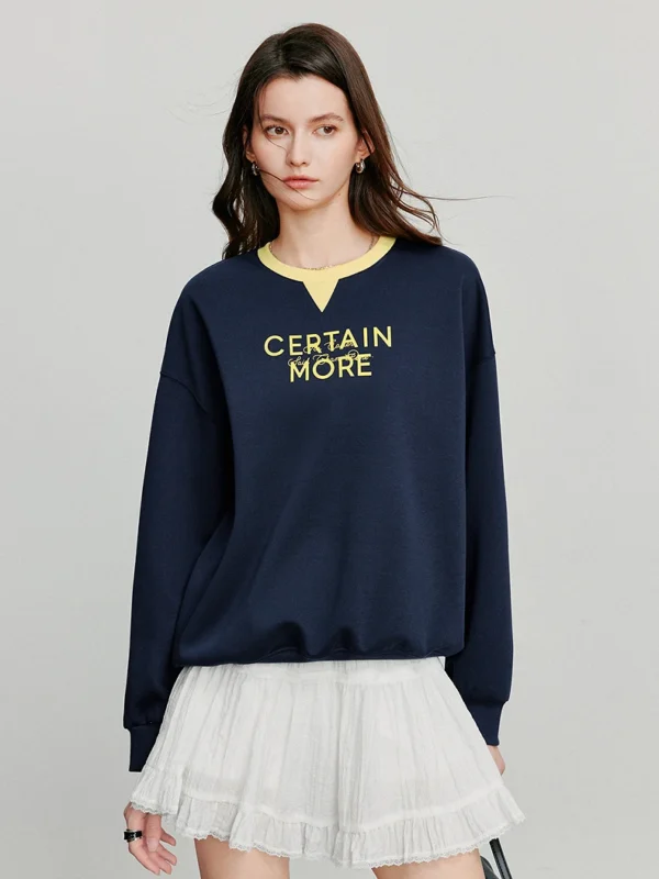 TOYOTUH Women Hoodies Sweatshirt Autumn New Contrasting Color Splicing Letter Printed Round Neck Pullover Tops