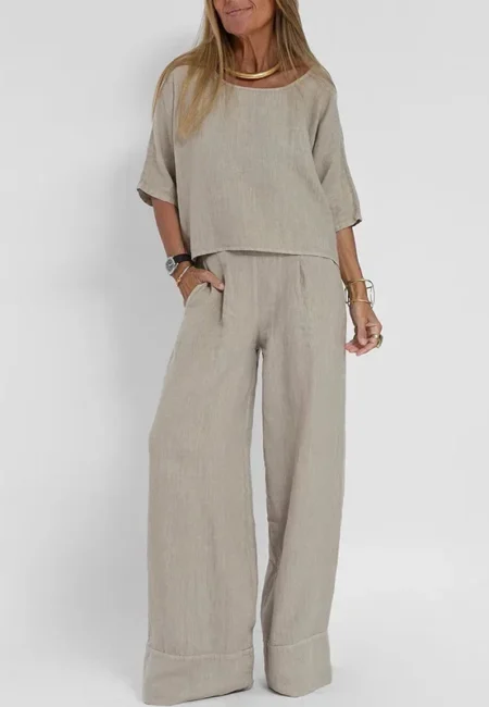 Summer Fashion New Solid Cotton Linen Round Neck Casual Long Sleeved T shirt Elastic Waist Wide Leg Pants Two Piece Set