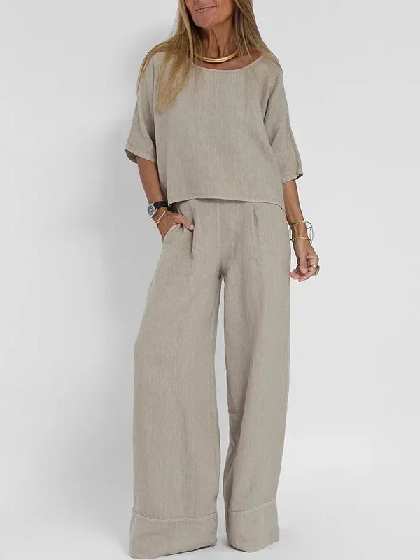 Summer Fashion New Solid Cotton Linen Round Neck Casual Long Sleeved T shirt Elastic Waist Wide Leg Pants Two Piece Set