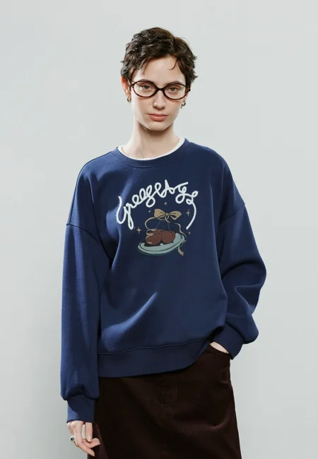 TOYOUTH Women Hoodies Sweatshirt Winter NewAsymmetric Cherry Print Letter Embroidery Loose Crew Neck Fleece Lined Warm Top