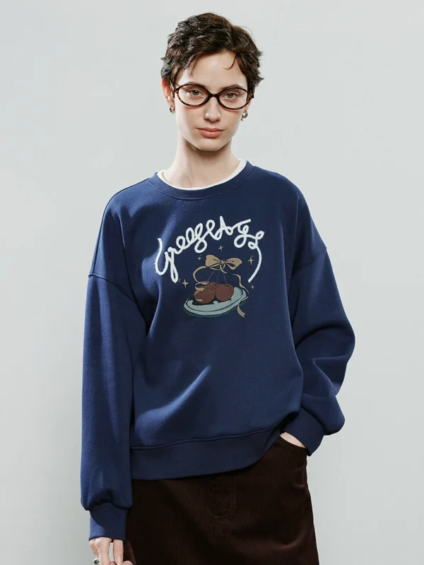 TOYOUTH Women Hoodies Sweatshirt Winter NewAsymmetric Cherry Print Letter Embroidery Loose Crew Neck Fleece Lined Warm Top