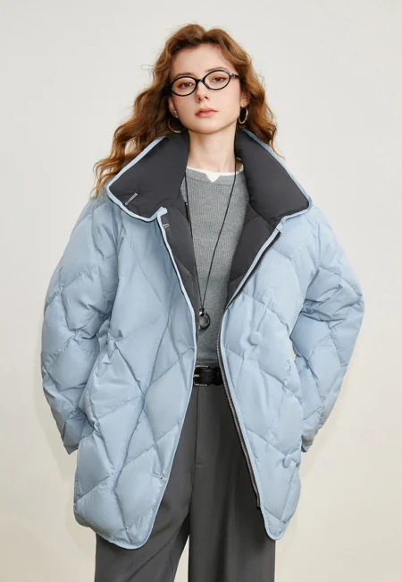 TOYOUTH Women 90% White Duck Down Jacket Winter New Diamond Grid Double Side Contrasting Color Splicing Jacket Coat