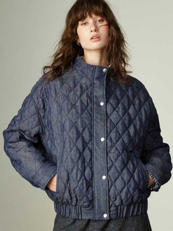 TOYOUTH Women Cotton Coats Winter New Denim like Fade resistant Soft Warm Retro Diamond Plaid Stand up Collar Jackets