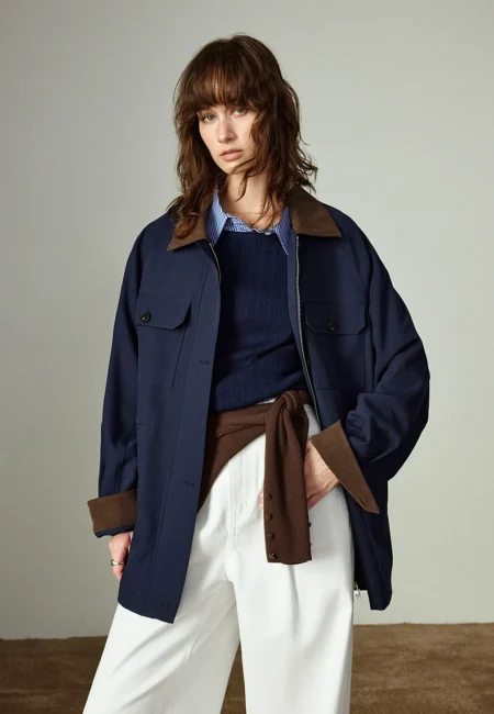 TOYOUTH Women Jackets Winter New Retro Color block Lapel Waist cinched Mid length Cargo Jackets