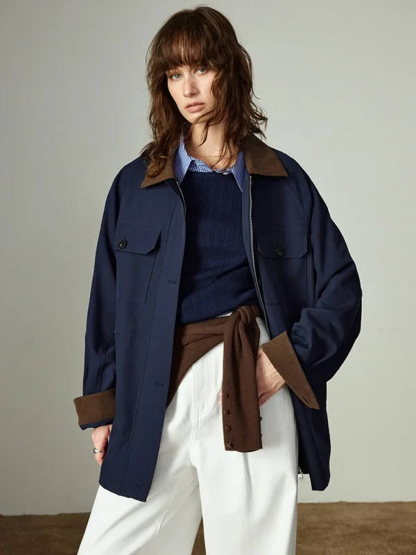 TOYOUTH Women Jackets Winter New Retro Color block Lapel Waist cinched Mid length Cargo Jackets