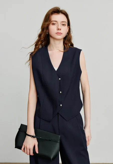 TOYOUTH Women Two Piece Sets Autumn New Old Money Style Sleeveless Vest With Suit Pants Workwear Office Lady Suits Navy Blu