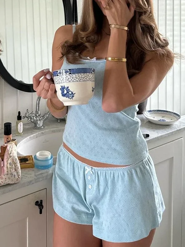 Lace Trim Cami Sleep Set Women Summer Sleepwear Shorts Outfit