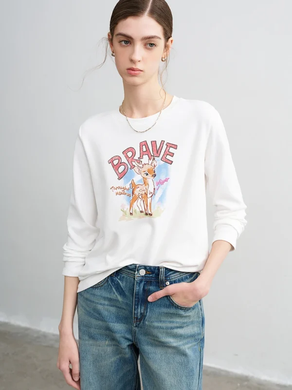 TOYOUTH Women T Shirts 2026 Spring New Deer Printed Long Sleeve Age Reducing Fun Casual Base Layer Tops