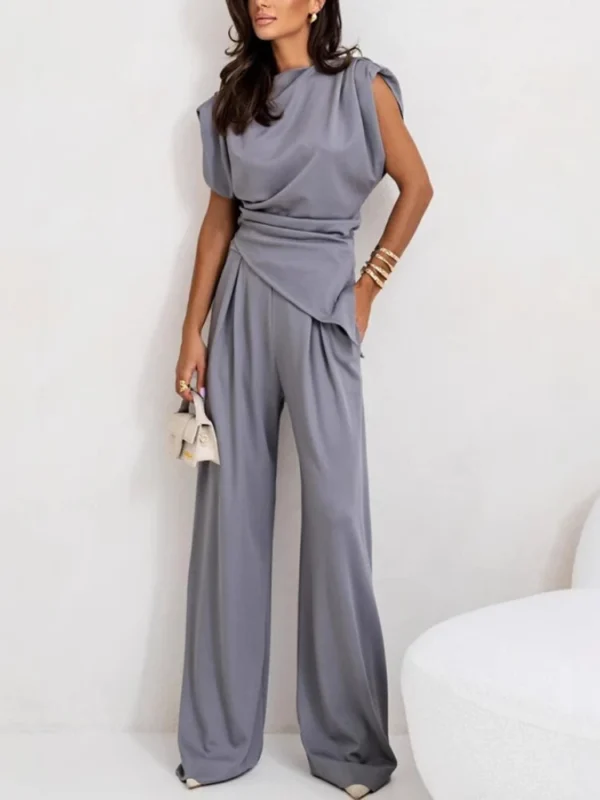 Summer Fashion New Women's Two Piece High Street Elegant Round Neck Irregular Top Elastic Waist Wide Leg Pants Set