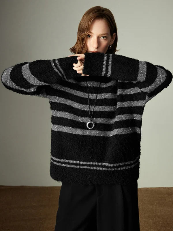 Best Sellers 47 TOYOUTH Wool blend Sweater for Women Winter New Loop Yarn Lurex Stripe Crew Neck Loose Lazy Style Top