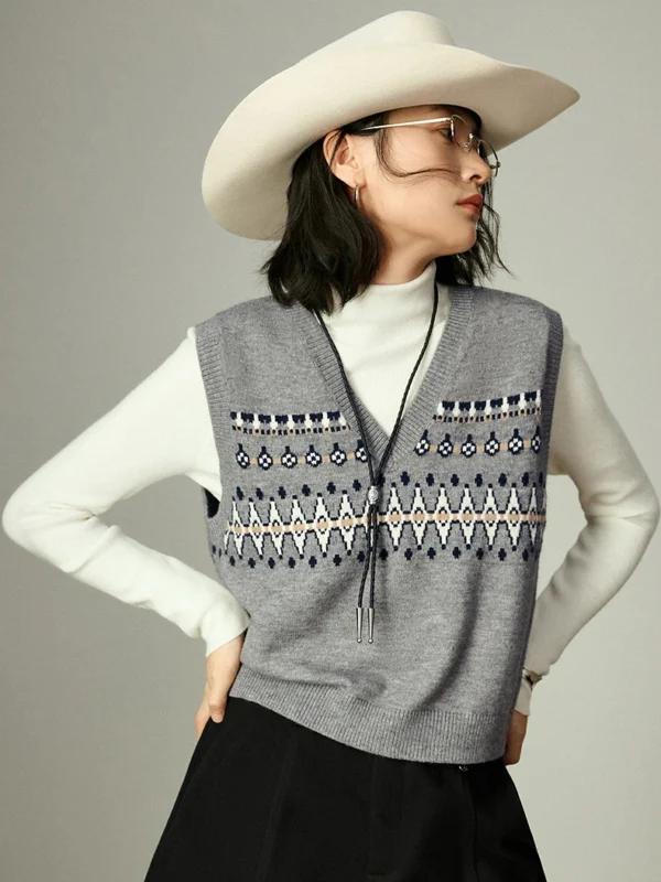 TOYOUTH Women's Color Dot Knit Vest Winter New Nordic Style Fair Isle Jacquard V Neck Waistcoat Top