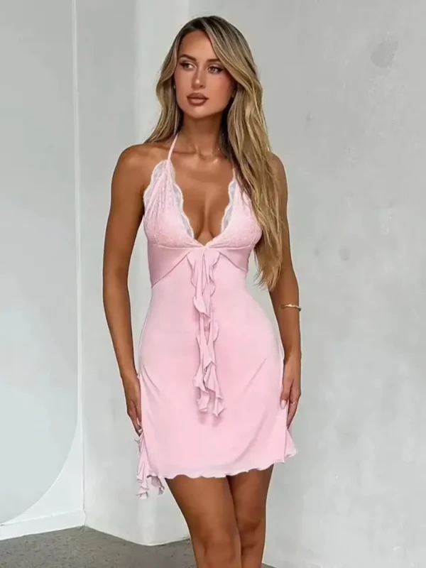 Moopsi 31 Lace-Up V-Neck Mini Dress Black Pink Sleeveless Summer Stretch