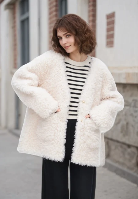 Winter Casual Wool Plush Long Jacket Women White Puff Long Sleeve Thick Coat Lady Autumn Button Pocket Warm Outwear Female