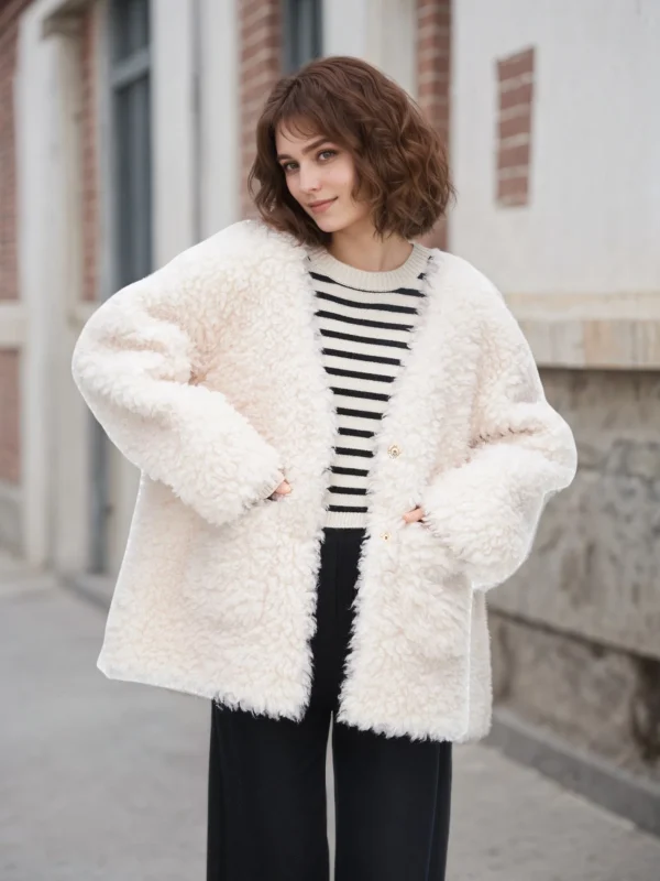 Winter Casual Wool Plush Long Jacket Women White Puff Long Sleeve Thick Coat Lady Autumn Button Pocket Warm Outwear Female