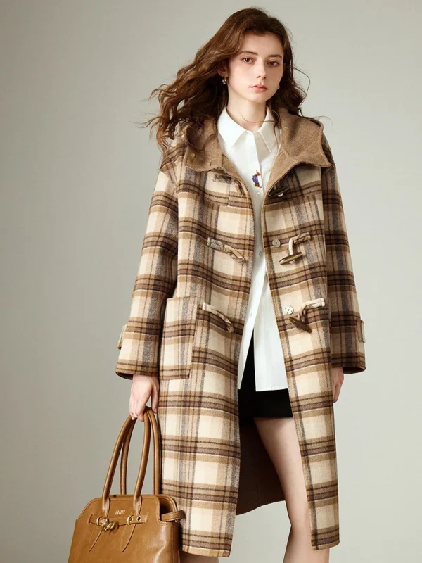 TOYOUTH Women Woolen Long Coat Winter New Nomadic Style Sheep Wool Plaid Hooded Cow Horn Buckle Female Overcoat