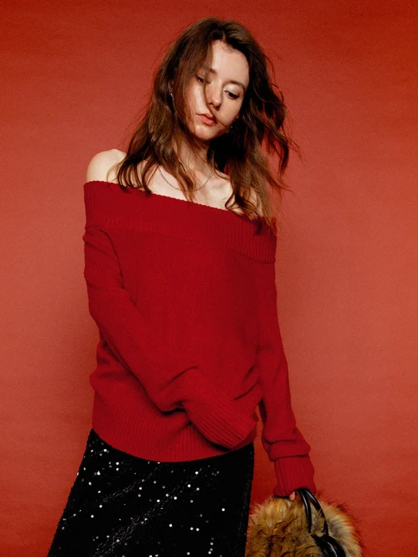 Moopsi 63 TOYOUTH Women Faux Mohair Knit Tops 2026 Spring New New Year Red Elegant Off Shoulder Soft Cozy Blouses