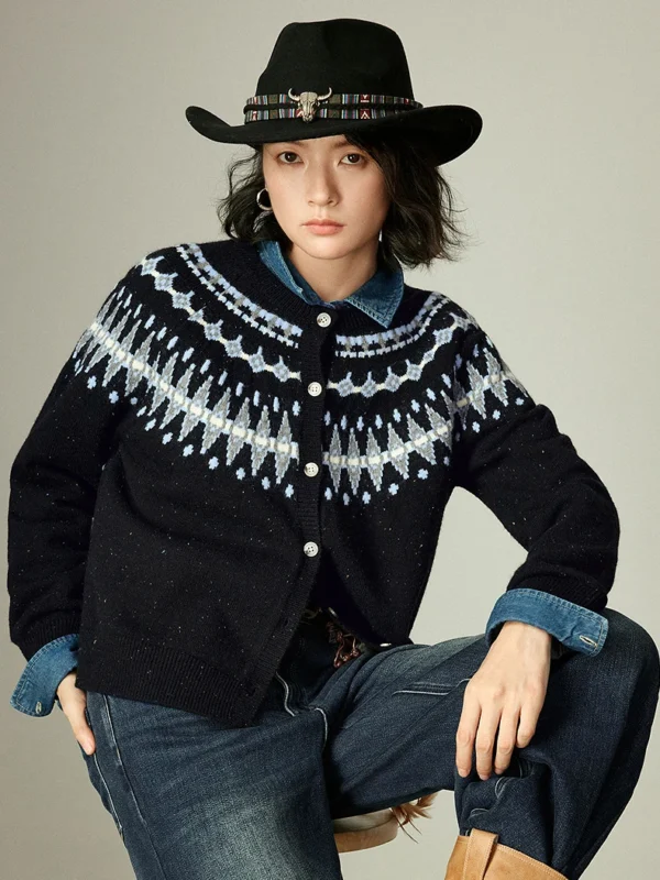 TOYOUTH Women Knitwear Winter New Speckled Nordic Style Fair Isle Jacquard Crew Neck Cardigan Retro Outerwear​