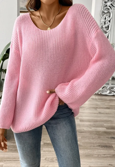 Autumn Winter Solid Long Sleeve Knitted Sweater Women Pink Loose Slash Neck Pullover Lady Casual Off Shoulder Knit Jumper