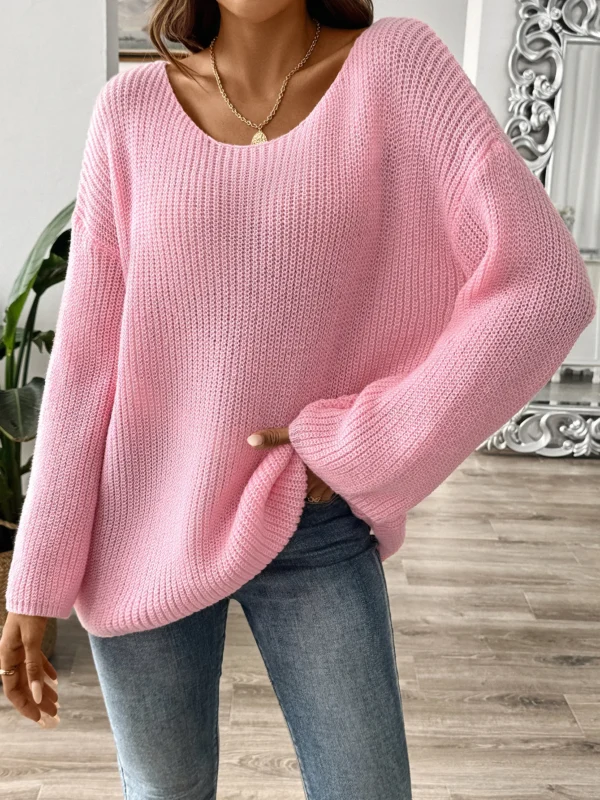 Autumn Winter Solid Long Sleeve Knitted Sweater Women Pink Loose Slash Neck Pullover Lady Casual Off Shoulder Knit Jumper