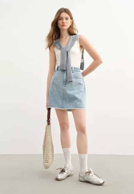 Distressed Denim Mini Skirt High Waist A-Line Summer Fashion