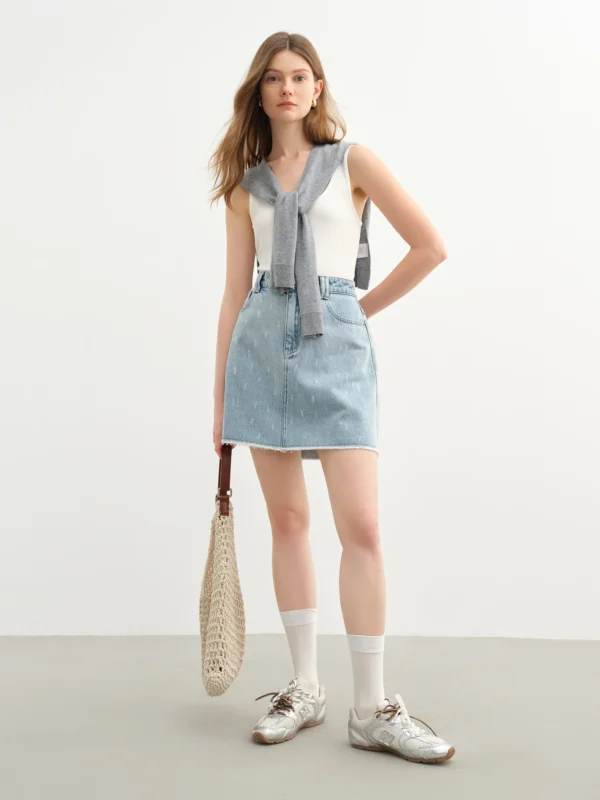 Moopsi 59 Distressed Denim Mini Skirt High Waist A-Line Summer Fashion