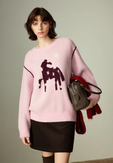 TOYOUTH Women's Color block Split Cashmere like Sweater Winter New Crew Neck Star & Horse Totem Loose Drop shoulder Top​