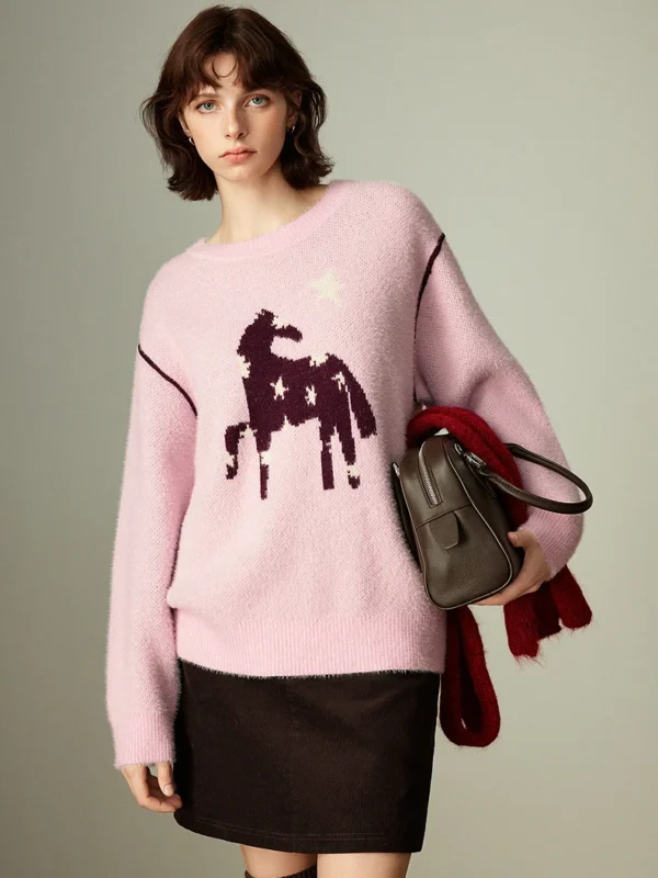 Moopsi 61 TOYOUTH Women's Color block Split Cashmere like Sweater Winter New Crew Neck Star & Horse Totem Loose Drop shoulder Top