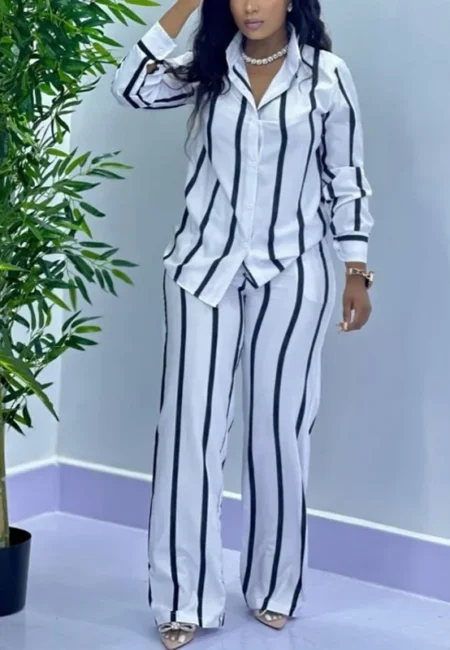 African Fashion Stripe Two Piece Set Women Spring Autumn Casual Button Long Sleeved Shirt Wide Leg Pants Two Piece Set Women