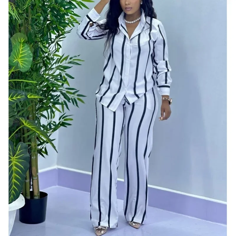 kf-Sa38ec2de21d4420aaadfafd983e8a05cS African Fashion Stripe Two Piece Set Women Spring Autumn Casual Button Long Sleeved Shirt Wide Leg Pants Two Piece Set Women