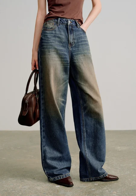 TOYOUTH Women Focus Denim Nomadic Dirty Dyed Jeans 2026 Spring New High Waisted Loose Cotton Straight Leg Pants