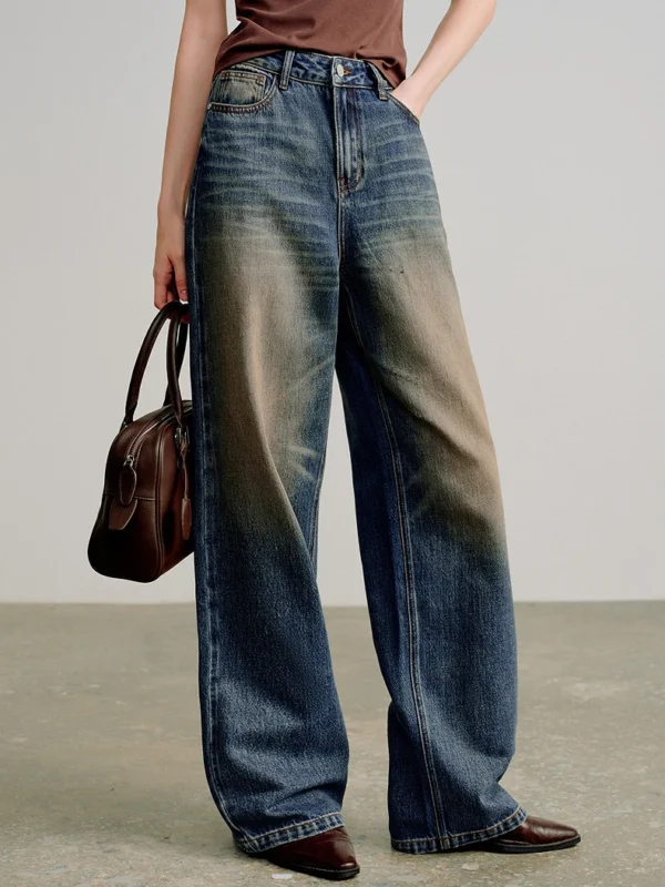 TOYOUTH Women Focus Denim Nomadic Dirty Dyed Jeans 2026 Spring New High Waisted Loose Cotton Straight Leg Pants