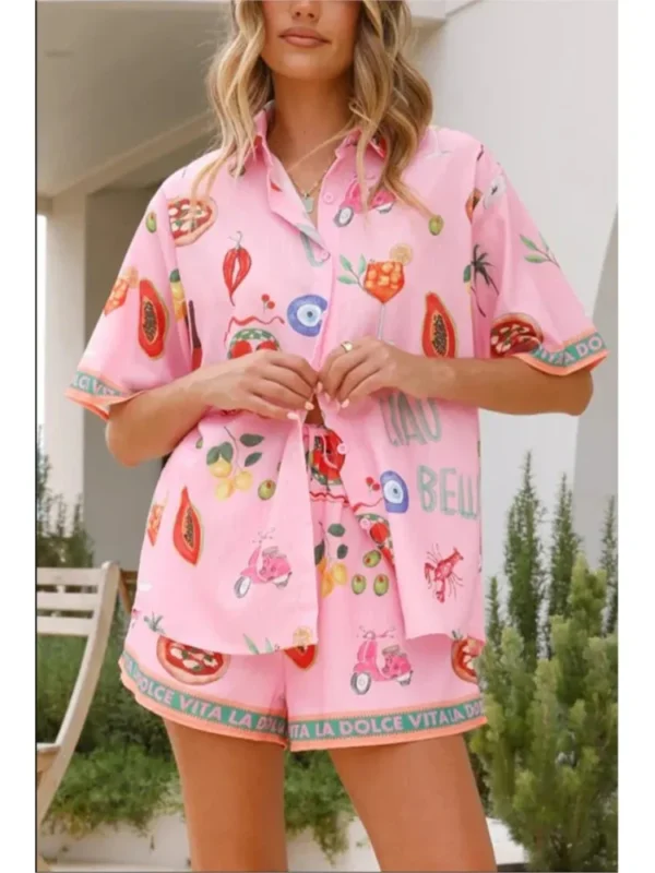 Tropical Print Beach Outfit Women 2 PC Wide Leg Short Set Summer