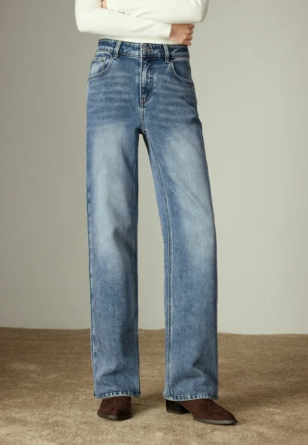 TOYOUTH Women Straight Jeans (Focal Denim Series) Winter New Vintage Washed Denim Lycra Elastic Fleece Lined Trousers
