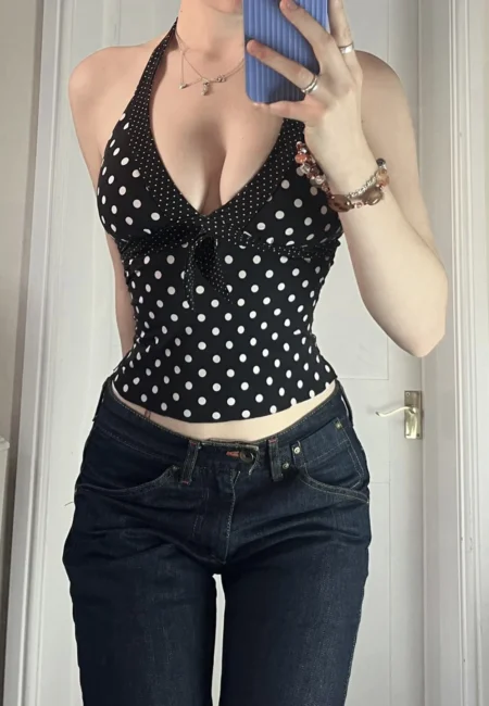 Retro Polka Dot Halter Tank Open Back V-Neck Summer Camisole