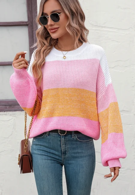 Winter Casual Pink Patchwork Knitted Sweater Women O Neck Long Sleeve Pullover Ladies Fall Trend Loose Warm Striped Jumpers