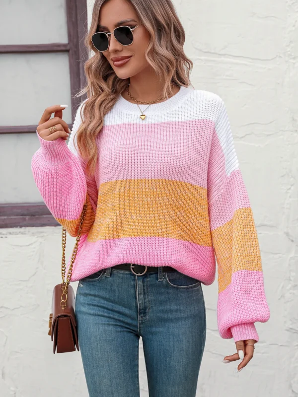 Winter Casual Pink Patchwork Knitted Sweater Women O Neck Long Sleeve Pullover Ladies Fall Trend Loose Warm Striped Jumpers