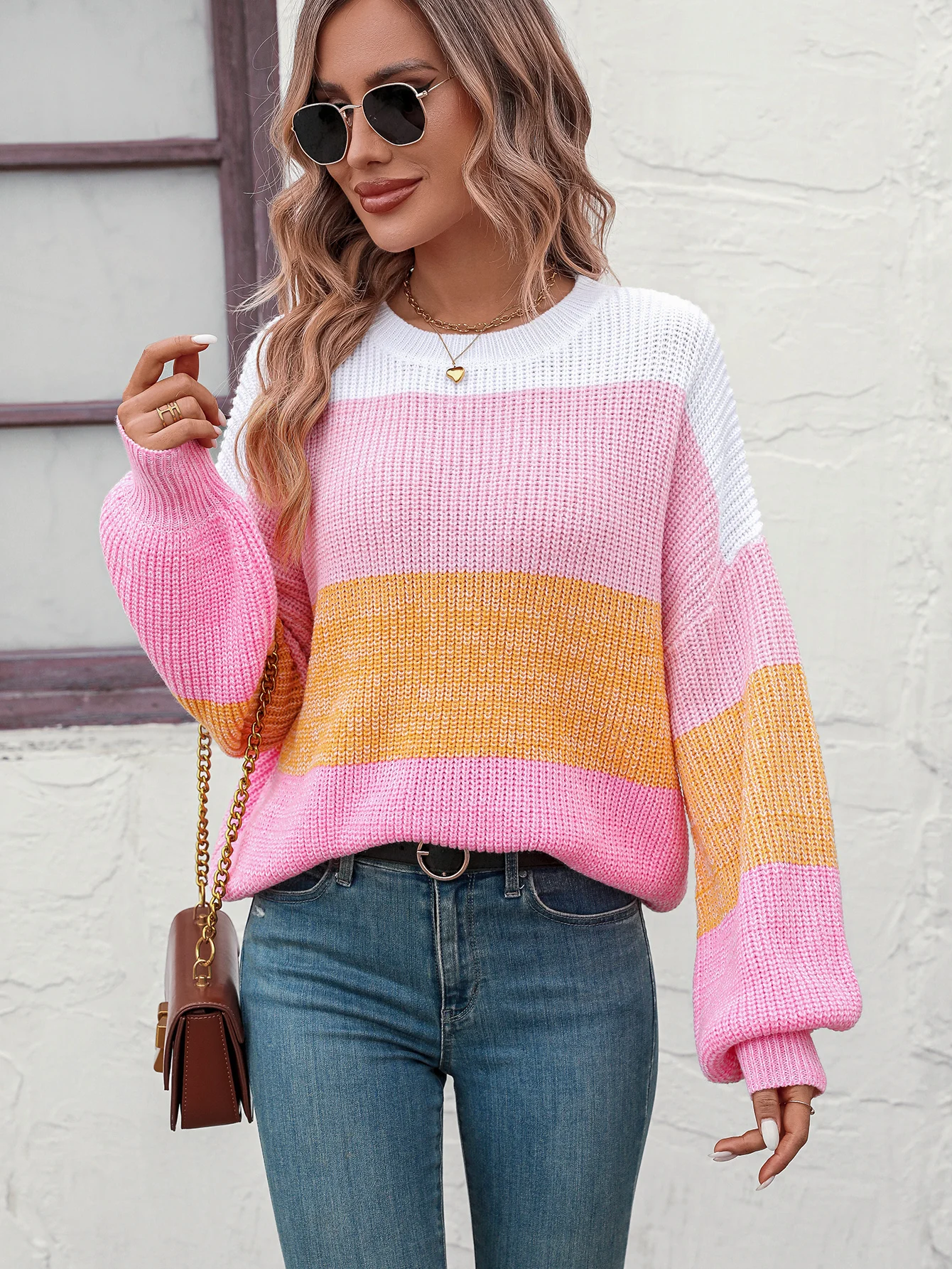 Kf-Sadf963E4B49B45F3Bed56A602747B526Y Winter Casual Pink Patchwork Knitted Sweater Women O Neck Long Sleeve Pullover Ladies Fall Trend Loose Warm Striped Jumpers