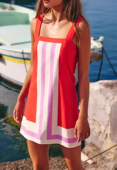 Summer Fashion New Women's Elegant Color Blocked Dress Temperament Casual Suspender Mid Length Sleeveless Mini Skirt