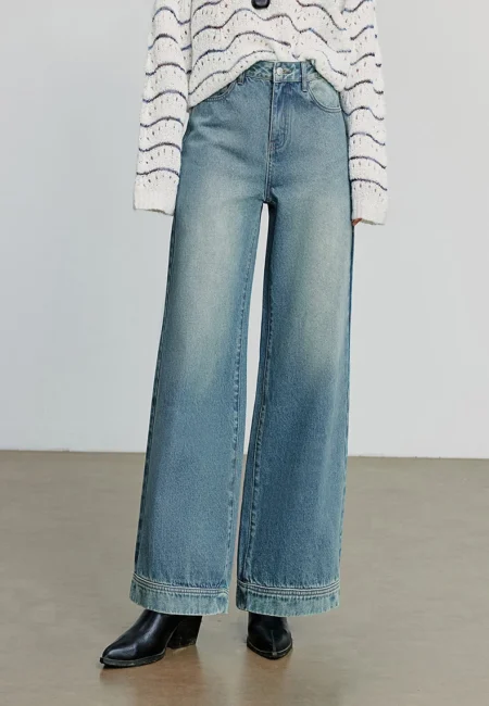 TOYOUTH Women Denim Jeans Autumn New Retro Streetwear Mid Waist Wide Leg Long Pants