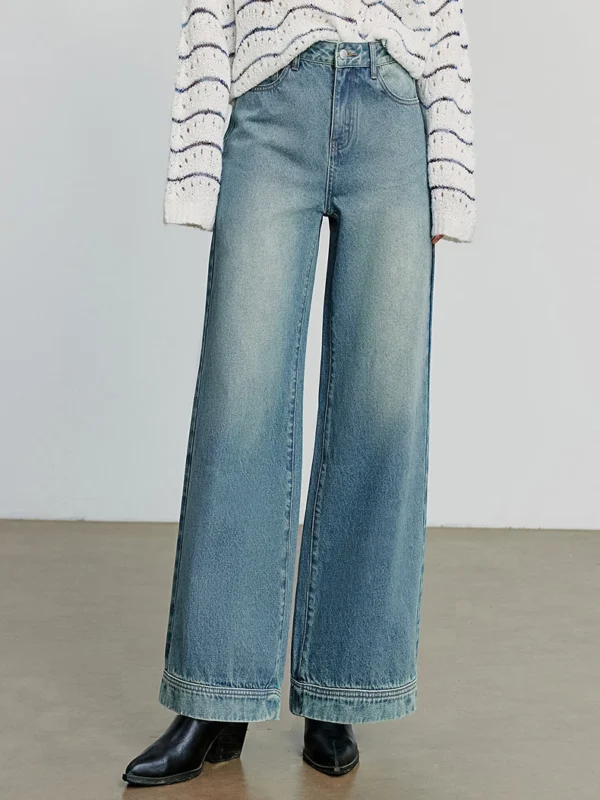 TOYOUTH Women Denim Jeans Autumn New Retro Streetwear Mid Waist Wide Leg Long Pants