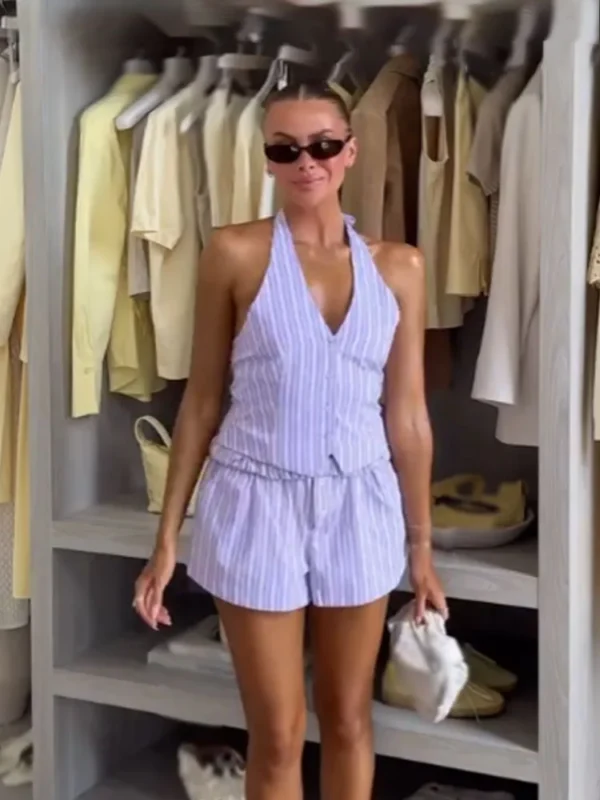 Striped V-Neck Backless Top & High Waist Shorts Set Summer Outfit