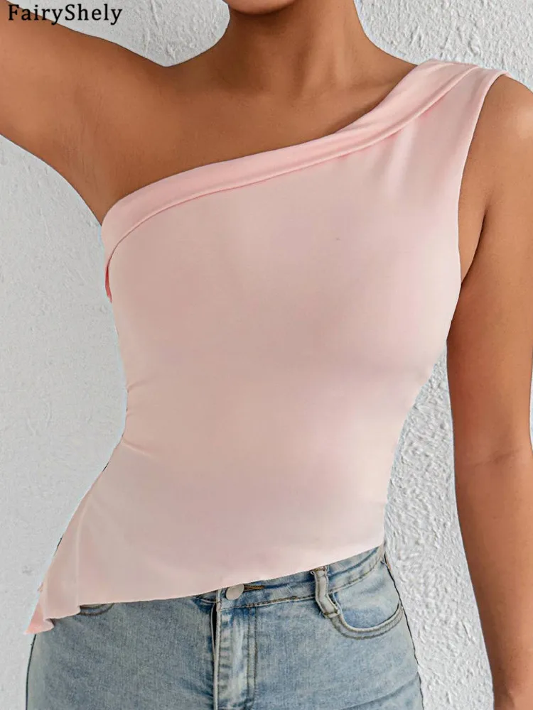 kf-Sb1c6167ace814f13bb31196f791162e1B Fairyshely Summer Solid Bodycon Crop Top Women One shoulder Sleeveless Tops Lady Off Shoulder Club Party Clothes