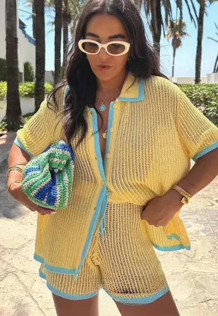 Trendy Hollow Knit Cardigan & Wide Leg Shorts Set for Women