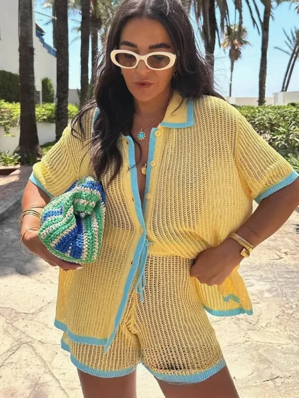 Trendy Hollow Knit Cardigan & Wide Leg Shorts Set for Women